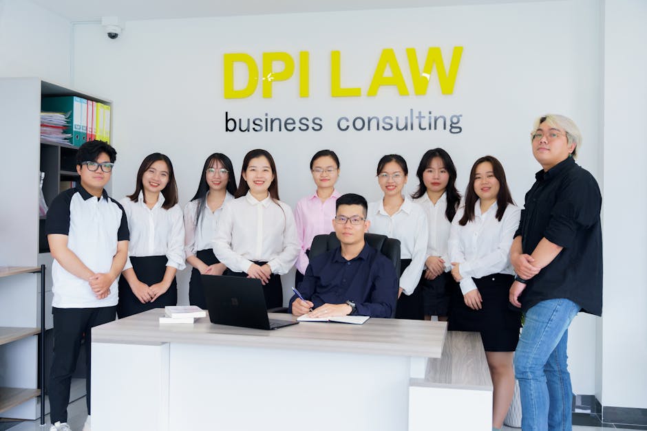 A diverse group of professionals in a business consulting office setting